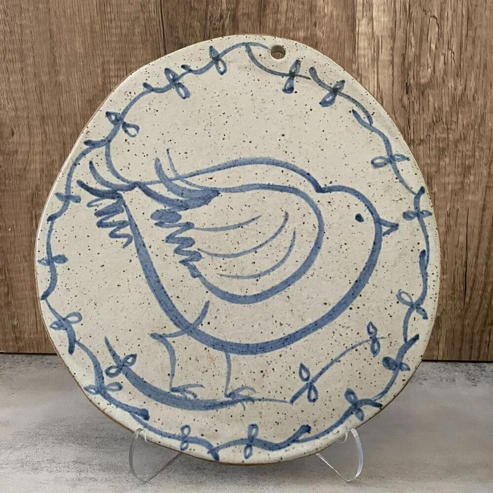 Gerding Studio Art Pottery Blue Bird Oval Bread Baking Tile Warmer Stoneware 9